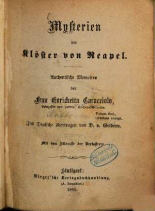 Mysterien der Klöster von Neapel : Authentische Memoiren