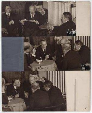 Gipfeltreffen zur deutsch-französischen Verständigung in Lugano, Gustav Stresemann sieht sich Erich Salomon Fotografien an. von links: August Zaleski, Austen Chamberlain, Gustav Stresemann, Aristide Briand, Vittorio Scialoga