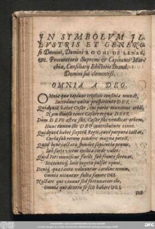 In Symbolum Illustris Et generosi Domini, Domini Rochi de Lenar, &c. Procuratoris Supremi & Capitanei Marchiae, Consiliarii Electoris Brand. Domini sui clementiß.
