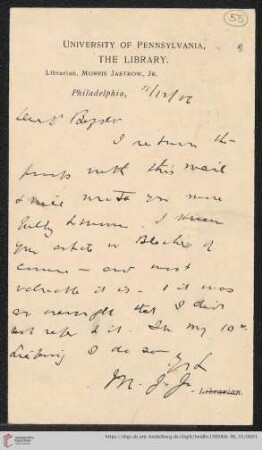 Briefe von Morris Jastrow an Carl Bezold: Karte von Morris Jastrow an Carl Bezold