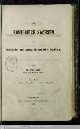 1.1853: Jahrbuch für Statistik und Staatswirthschaft des Königreichs Sachsen