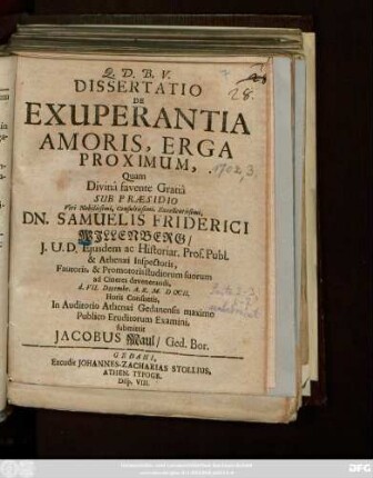 Dissertatio De Exuperantia Amoris, Erga Proximum
