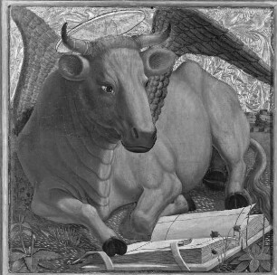 Geflügelter Stier mit Buch, Symbol des Evangelisten Lukas