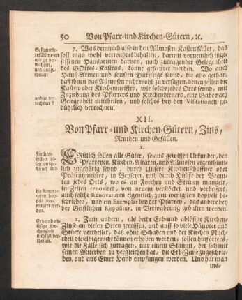 XII. Von Pfarr- und Kirchen-Gütern, Zins, Renthen und Gefällen.