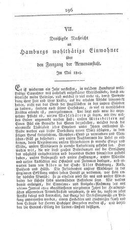 VII. Dreißigste Nachricht an Hamburgs wohlthätige Einwohner über den Fortgang der Armenanstalt. Im Mai 1803.