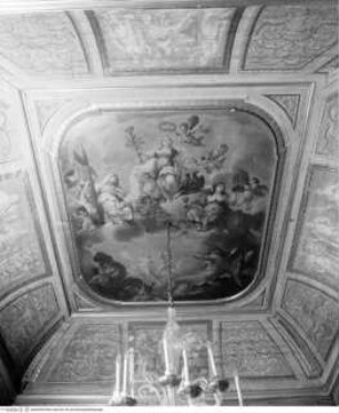 Gewölbeausmalung, Mittelfeld: Fama mit den Wappentieren der Borghese zu Füßen, flankiert von Religion und Fides; Tempus und Veritas triumphieren über Häresie und Ignoranz