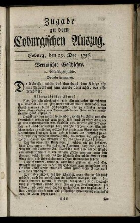 Zugabe zu dem Coburgischen Auszug. Coburg, den 29. Dec. 1756.