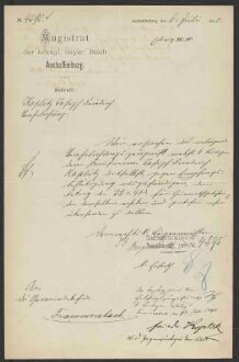 Ausstellung eines Verehelichungszeugnisses an den in Frammersbach
                     wohnenden Kaufmann Joseph Friedrich Koplitz - Verehelichung mit der
                     Restaurateuerstochter Anna, geb. Weisberger, aus Frankfurt / Main, 1898,
                     Verehelichung mit der Metzgermeisterstochter Amalie Katharina, geb.
                     Immerschitt, aus Aschaffenburg, 1902, Bürgerrechtsverleihung, 1902