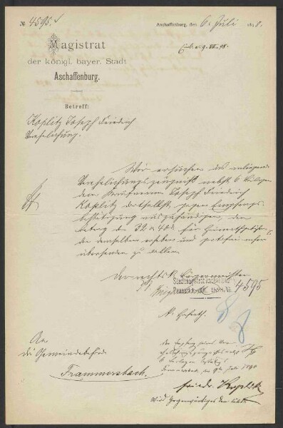 Ausstellung eines Verehelichungszeugnisses an den in Frammersbach
                     wohnenden Kaufmann Joseph Friedrich Koplitz - Verehelichung mit der
                     Restaurateuerstochter Anna, geb. Weisberger, aus Frankfurt / Main, 1898,
                     Verehelichung mit der Metzgermeisterstochter Amalie Katharina, geb.
                     Immerschitt, aus Aschaffenburg, 1902, Bürgerrechtsverleihung, 1902