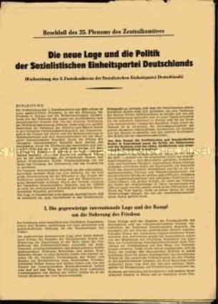 Sonderdruck mit dem Beschluss des 25. Plenums des ZK der SED in Vorbereitung der 3. Parteikonferenz