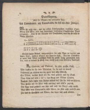 Dancksagung, über die Melodie der bekannten Arie: Ach Tannenbaum, ach Tannebaum, du bist ein edler Zweig [et]c.