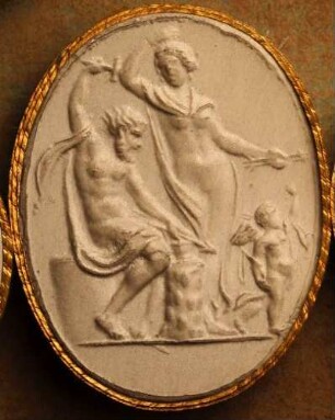 Vulcanus schmiedet auf Verlangen der Venus Pfeile für Cupido (Daktyliothek, Das Alterthum nach Lippert und Visconti)