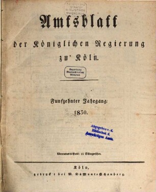 Amtsblatt für den Regierungsbezirk Köln. 1830