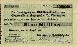 Vereinigung der Metallindustriellen von Eberswalde und Umgebung e.V.: 1 Million Mark 1923