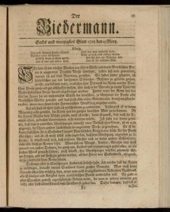 Sechs und viertzigstes Blatt 1728 den 15 Mertz