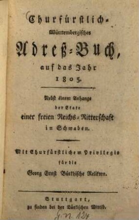 Churfürstlich-württembergisches Adreß-Buch : auf d. Jahr ... 1805