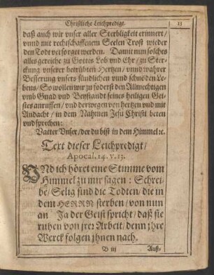 Text dieser Leichpredigt/ Apocal. 14. v. 13.