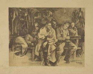 Sechs sich ausruhende Soldaten in Unterstand auf Bänken um einen Tisch teils liegend, teils sitzend, in Uniform teils mit Mützen und Mantel, an Wänden hängt Feldausrüstung