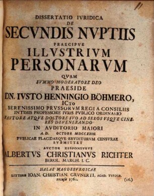 Diss. iur. de secundis nuptiis, praecipue illustrium personarum