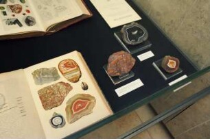 SLUB, Ausstellung "Gespräche mit der Erde. Geowissenschaften in Sachsen" : Ausstellungspräsentation im Buchmuseum. Ausstellungsvitrine mit Achat-Stücken und Publikation "Das Mineralreich" von Reinhard Brauns, 1912