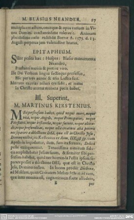 III. Superint. M. Martinus Kirstenius
