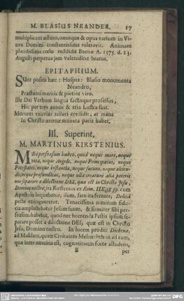 III. Superint. M. Martinus Kirstenius