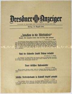 Nachrichtenblatt "Dresdner Anzeiger" u.a. zur Benennung eines türkischen Politikers