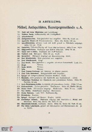 II. Abteilung. Möbel, Antiquitäten, Kunstgegenstände u. A. (Nr. 296-673)