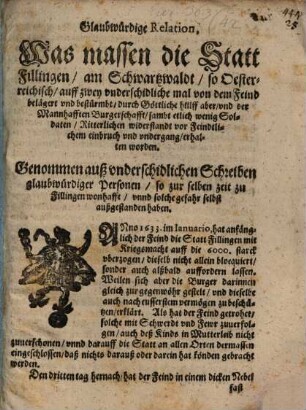 Glaubwürdige Relation was massen die Stadt Fillingen ... zweymal belägert und bestürmt ... worden