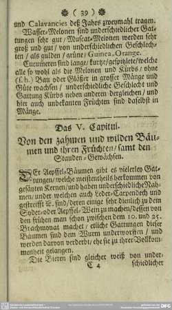 Das V. Capitul. Von den zahmen und wilden Bäumen und ihren Früchten, samt den Stauden-Gewächsen