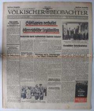 Tageszeitung "Völkischer Beobachter" u.a. zum Konflikt zwischen Jugoslawien und Österreich