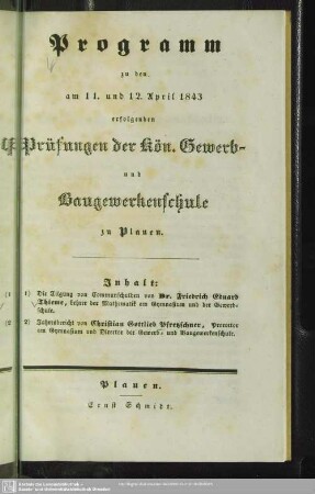 1842/43(1843): Programm zu den am ... erfolgenden Prüfungen der Schüler der Königl. Gewerb- und Baugewerkenschule in Plauen