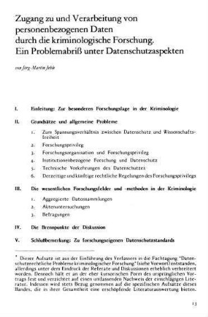 13-29, Zugang zu und Verarbeitung von personenbezogenen Daten durch die kriminologische Forschung. Ein Problemabriß unter Datenschutzaspekten