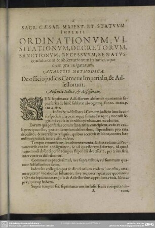 Sacr. Caesar. Maiest. Et Statuum Imperii Ordinationum, Visitationum, Decretorum, Sanctionum, Recessuum, Senatus consultorum, & observationum in hanc usque diem promulgatarum, analysis methodica