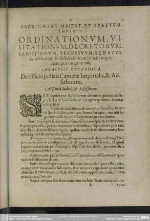 Sacr. Caesar. Maiest. Et Statuum Imperii Ordinationum, Visitationum, Decretorum, Sanctionum, Recessuum, Senatus consultorum, & observationum in hanc usque diem promulgatarum, analysis methodica