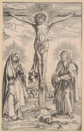 Christus am Kreuz zwischen der heiligen Jungfrau und dem heiligen Johannes