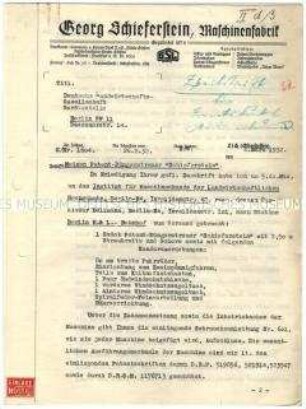 Geschäftsbrief an das Institut der Landwirtschaftlichen Maschinentechnischen Hochschule Berlin