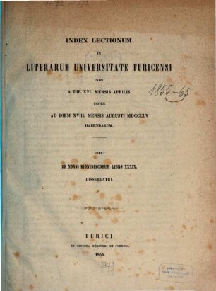 Index lectionum in Literarum Universitate Turicensi ... habendarum, 1855