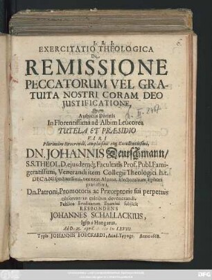 Exercitatio Theologica De Remissione Peccatorum Vel Gratuita Nostri Coram Deo Iustificatione