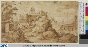 Befestigte Stadt am Fluß, vorne links Holzbrücke und Stadttor, rechts ein Kastell