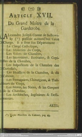 Article XVII. Du Grand Maitre de la Garderobe