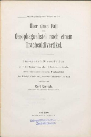 Über einen Fall von Oesophagusfistel nach einem Trachealdivertikel