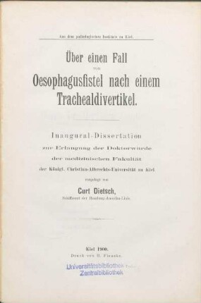 Über einen Fall von Oesophagusfistel nach einem Trachealdivertikel