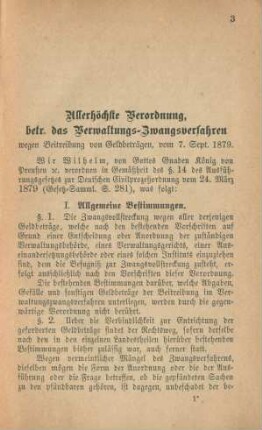 Allerhöchste Verordnung, betr. das Verwaltungs-Zwangsverfahren wegen Beitreibung von Geldbeträgen, vom 7. Sept. 1879