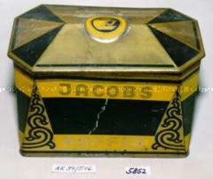 Blechdose für Kaffee (Abbildung geometischer Ornamente in Gold und Schwarz - auf Seitenwand: JACOBS KAFFEE)