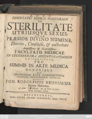 Dissertatio Medica Inauguralis De Sterilitate Utriusque Sexus