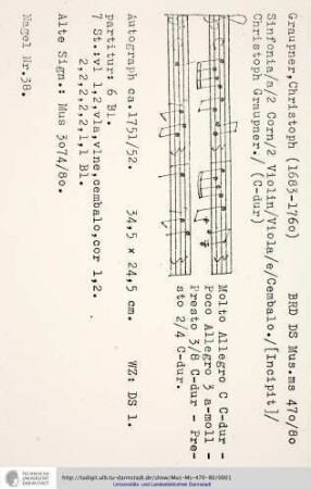 Sinfonia / a / 2 Corn / 2 Violin / Viola / e / Cembalo. / [Incipit] / Christoph Graupner.