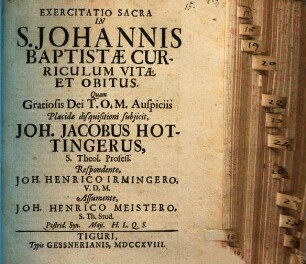 Exercitatio sacra in S. Johannis Bapt. curriculum vitae et obitus