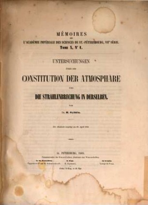 Untersuchungen über die Constitution der Atmosphäre und die Strahlenbrechung in derselben, [1]