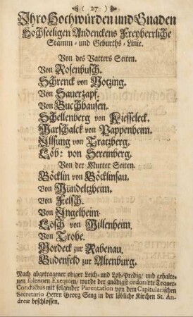 Ihro Hochwürden und Gnaden Hochseeligen Andenckens Freyherrliche Stamm- und Geburts-Linie.